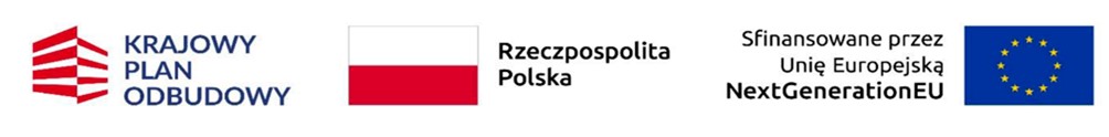 Logo Krajowego Planu Odbudowy, flaga Polski oraz flaga Unii Europejskiej z napisem 